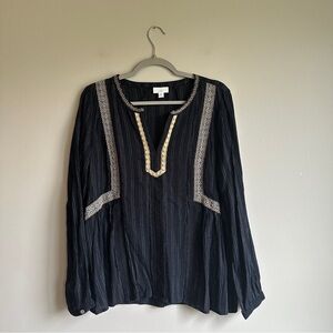 J. Jill Black Gold Embroidered Cotton Blend Long Sleeve Medium